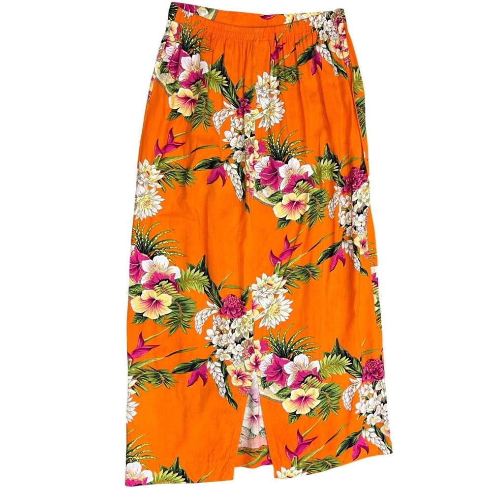 Vintage Orange Tropical Floral Rayon Midi Skirt Y2K Hawaiian Summer M - Picture 5 of 9
